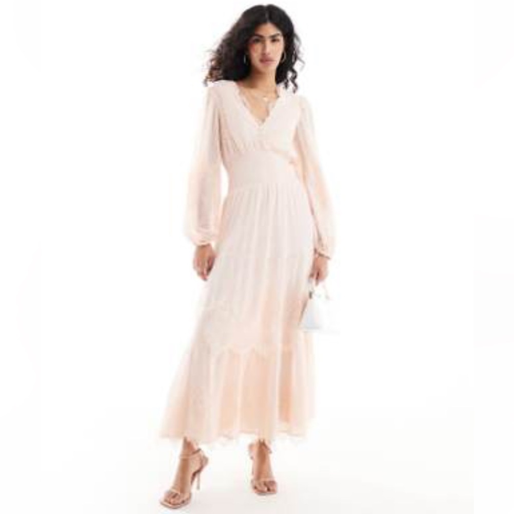 ASOS Blush Long Sleeve Lace Tiered Maxi Dress